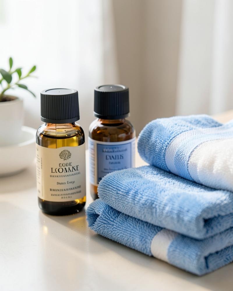 Massage oils and folded blue towels